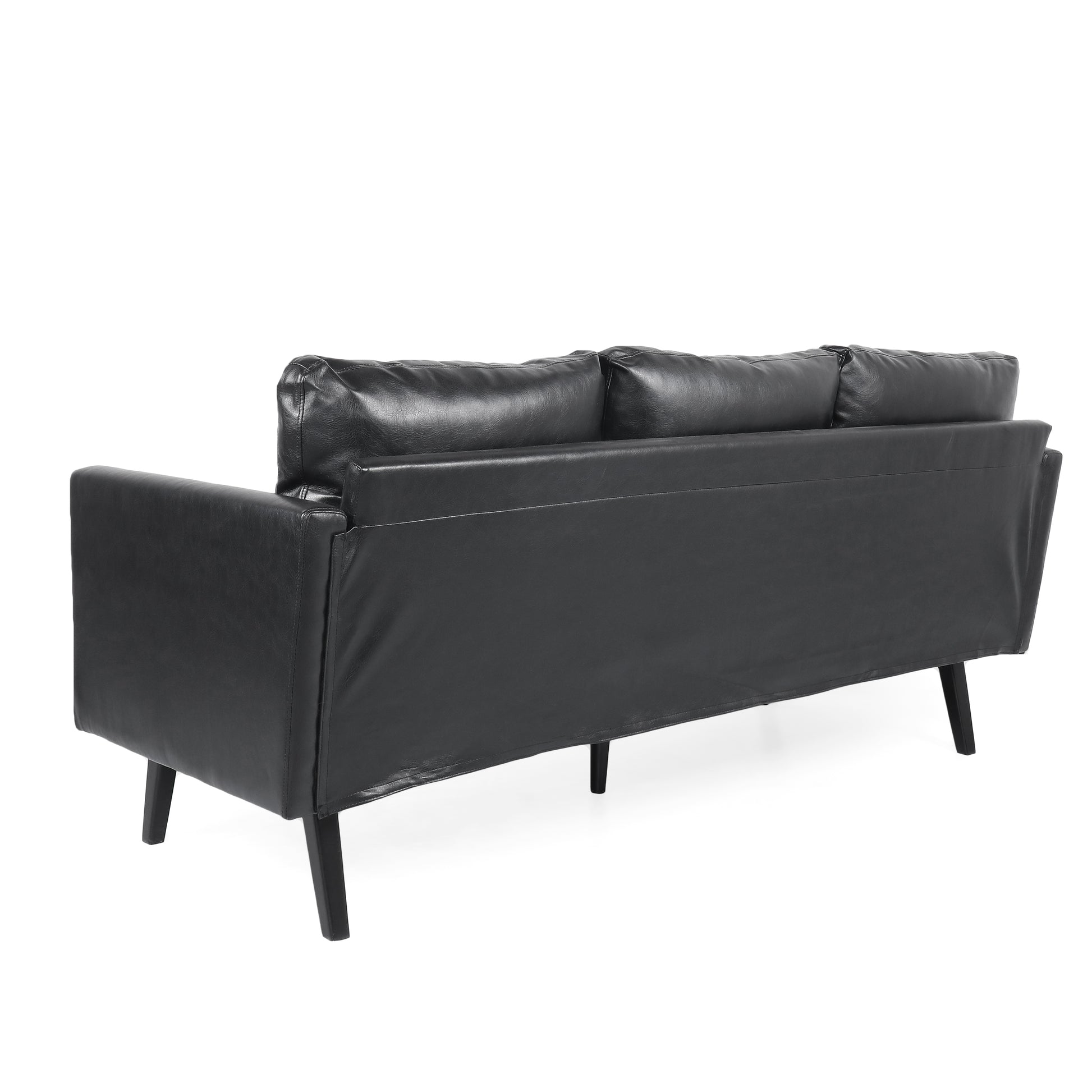 3 Seat Sofa With Wooden Legs, Retro Style For Living Room And Study Black Pu 3 Seat