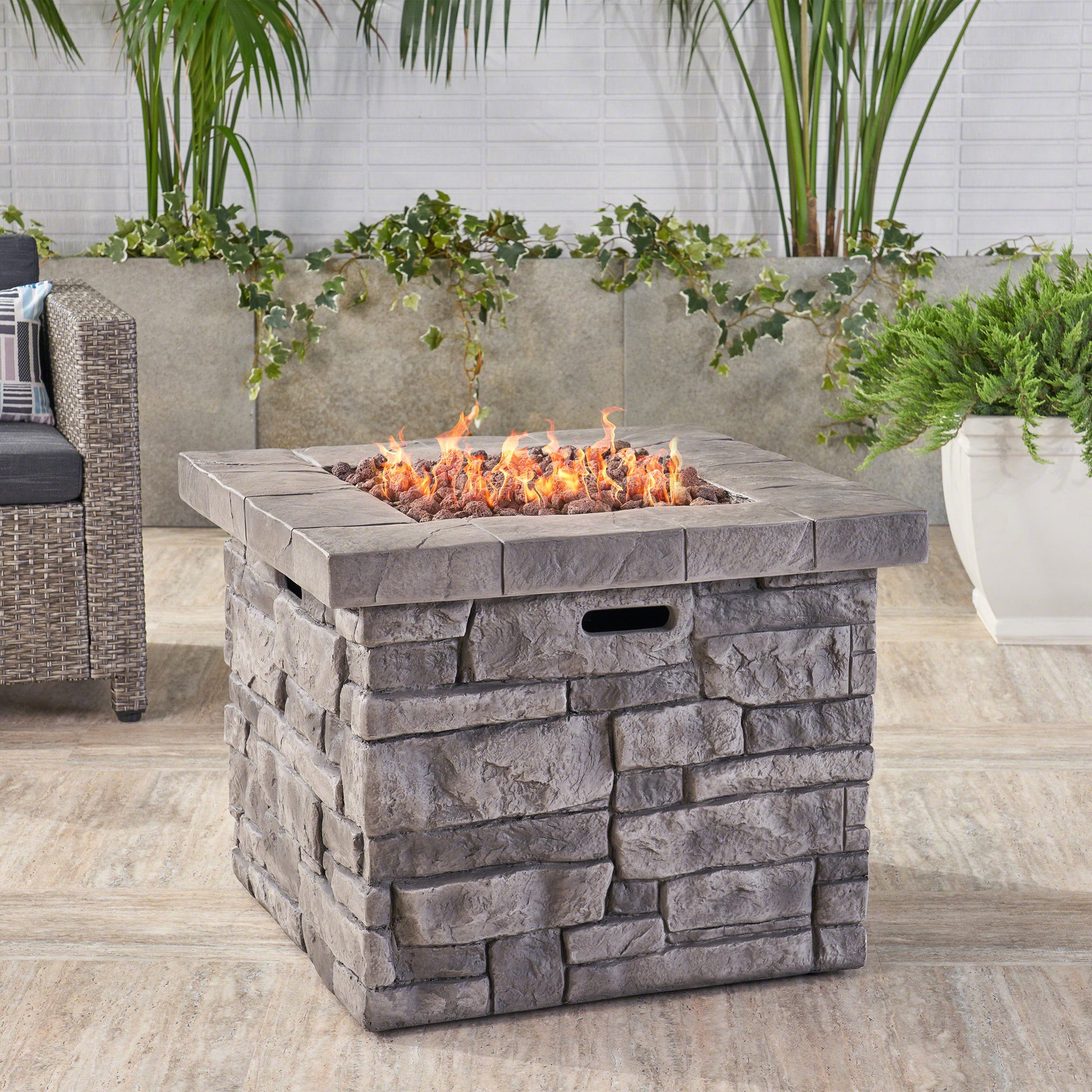 30" Outdoor Square Mgo Propane Fire Pit 40,000 Btu, Grey Grey Garden & Outdoor Magnesium Oxide