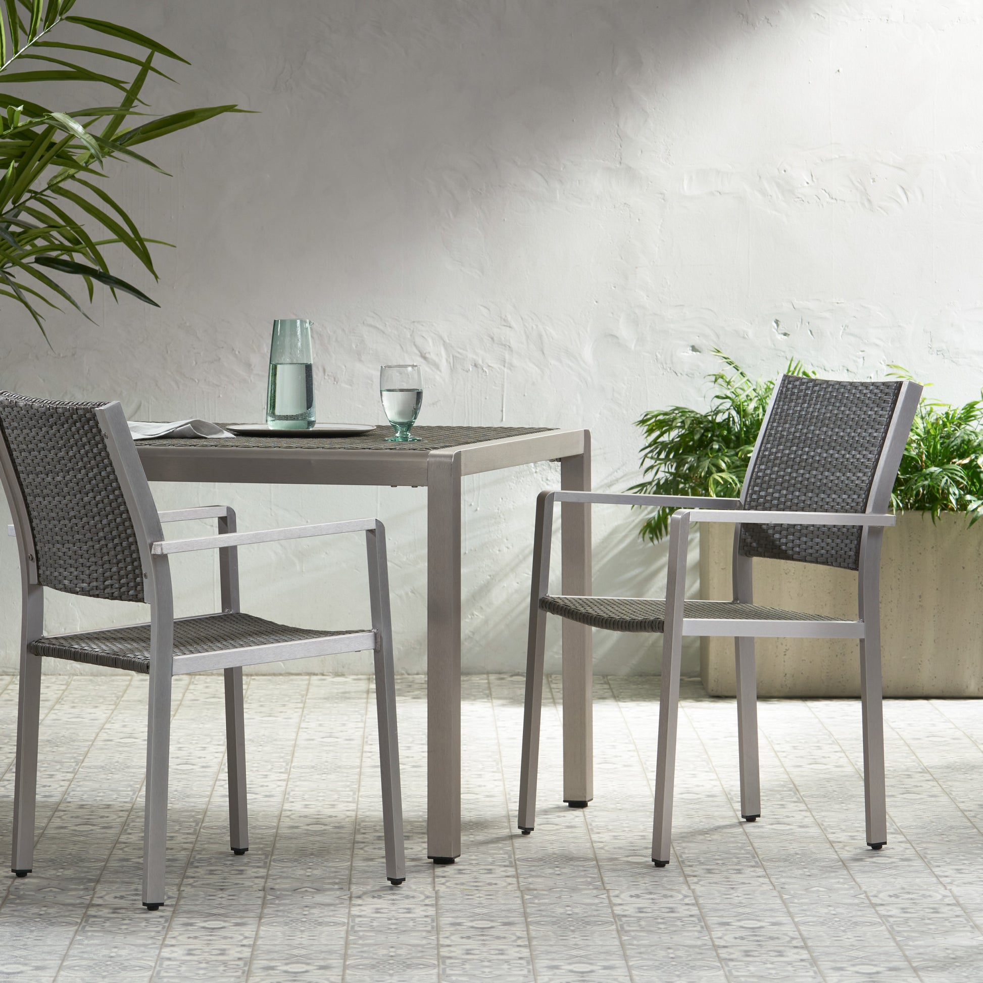 Cape Coral Outdoor Wicker Dining Chairs With Aluminum Frames, 2 Pcs Set, Grey Grey Aluminium