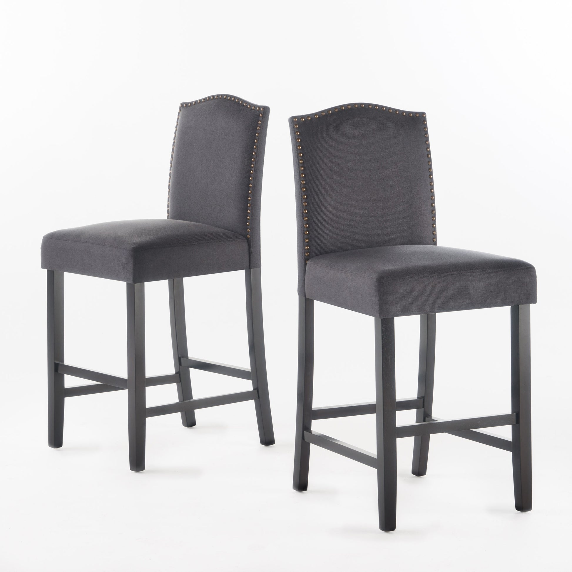 Set Of 2, 27" Upholstered Counter Height Barstools With Trim, Dark Charcoal And Walnut, Fabric Grey Fabric