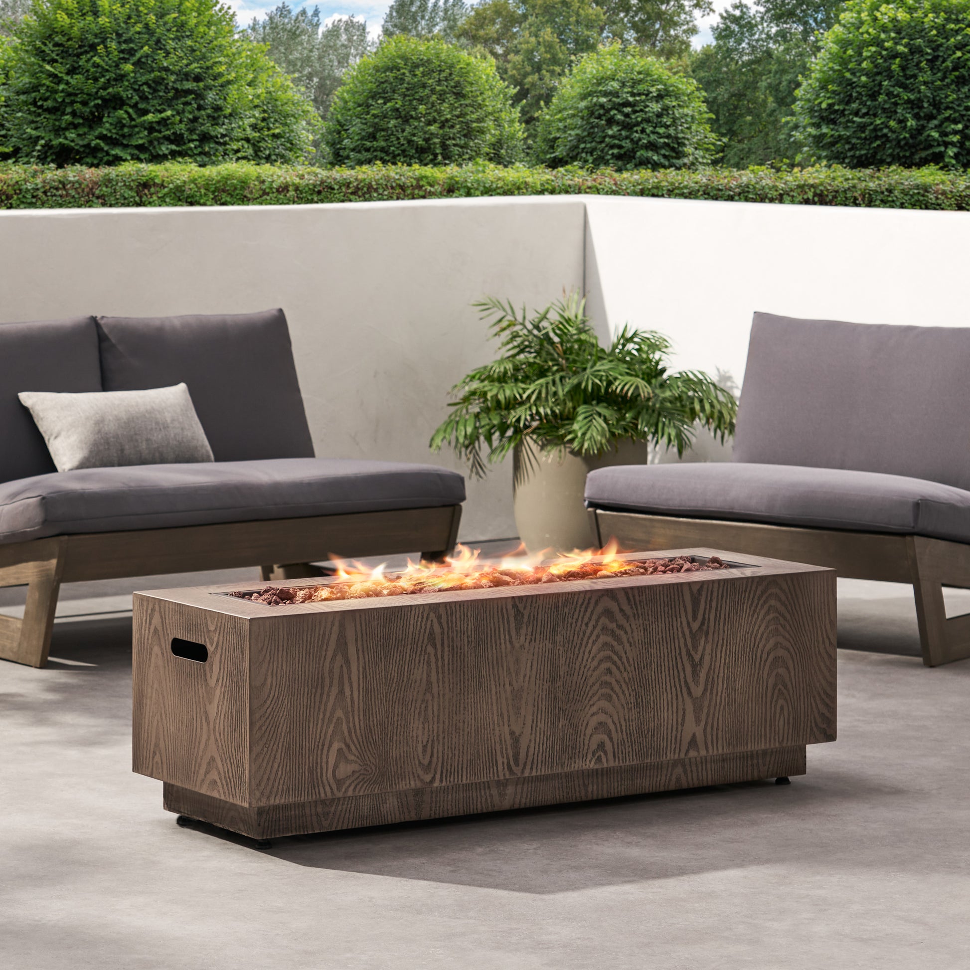 48" Outdoor 50,000 Btu Rectangular Iron Propane Fire Pit, Brown Wood Pattern Tank Cover Not Included Wood Iron