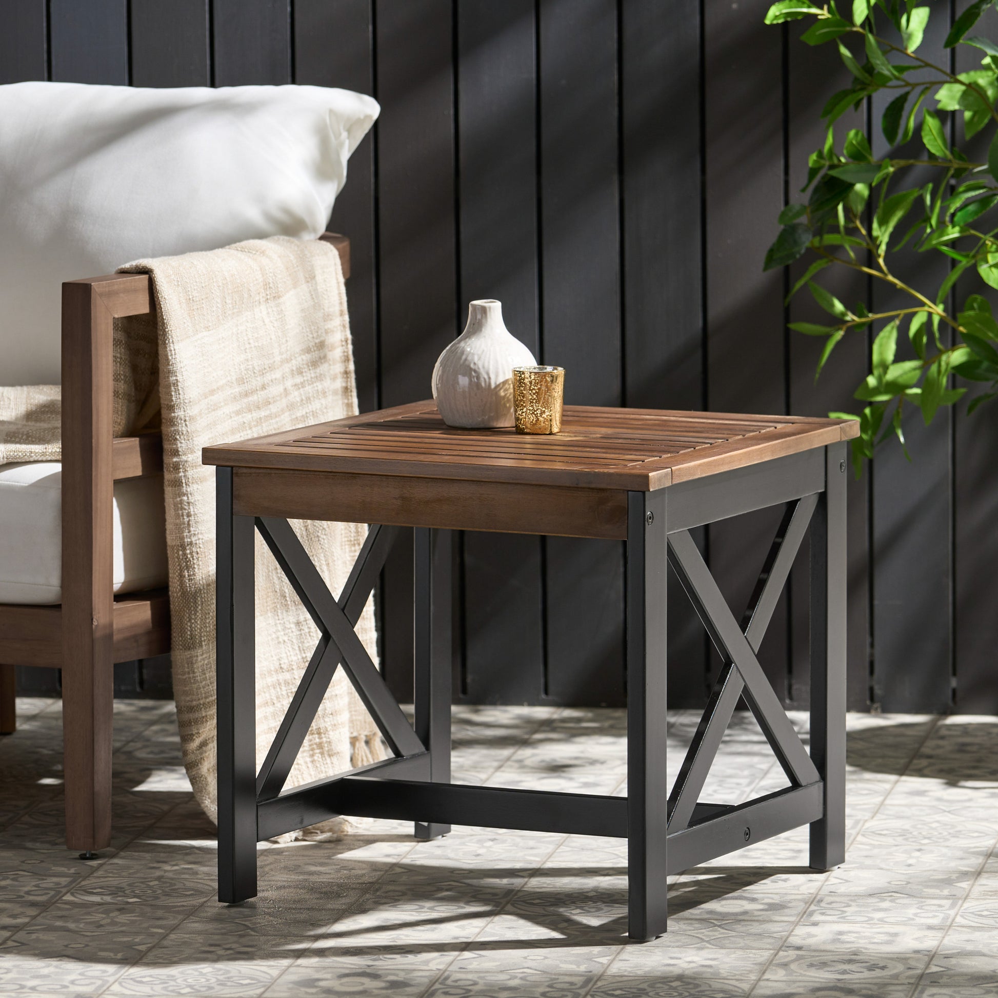 Farmhouse End Table Black Brown Wood