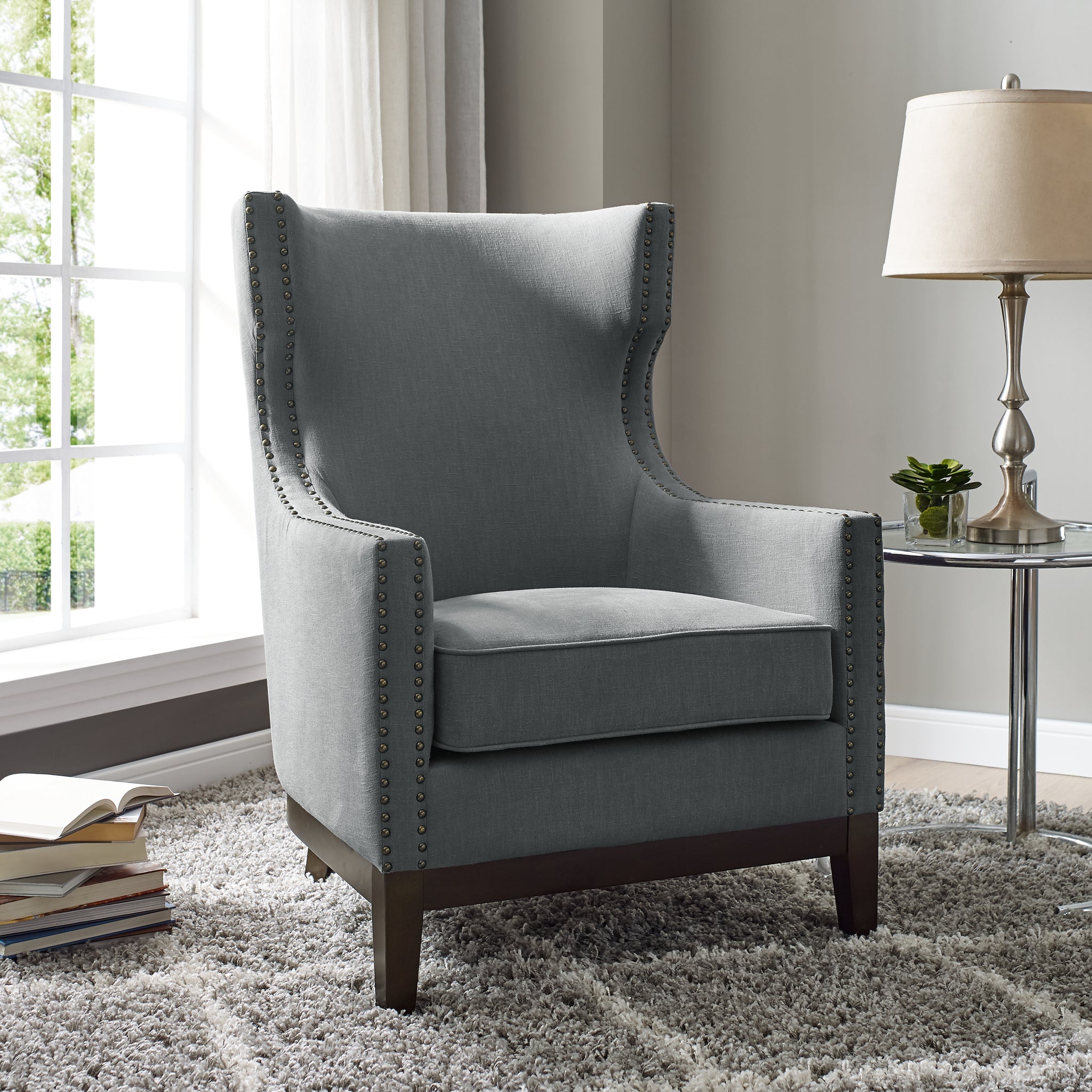 Roswell Linen Wingback Chair Dark Gray Dark Gray Faux Leather