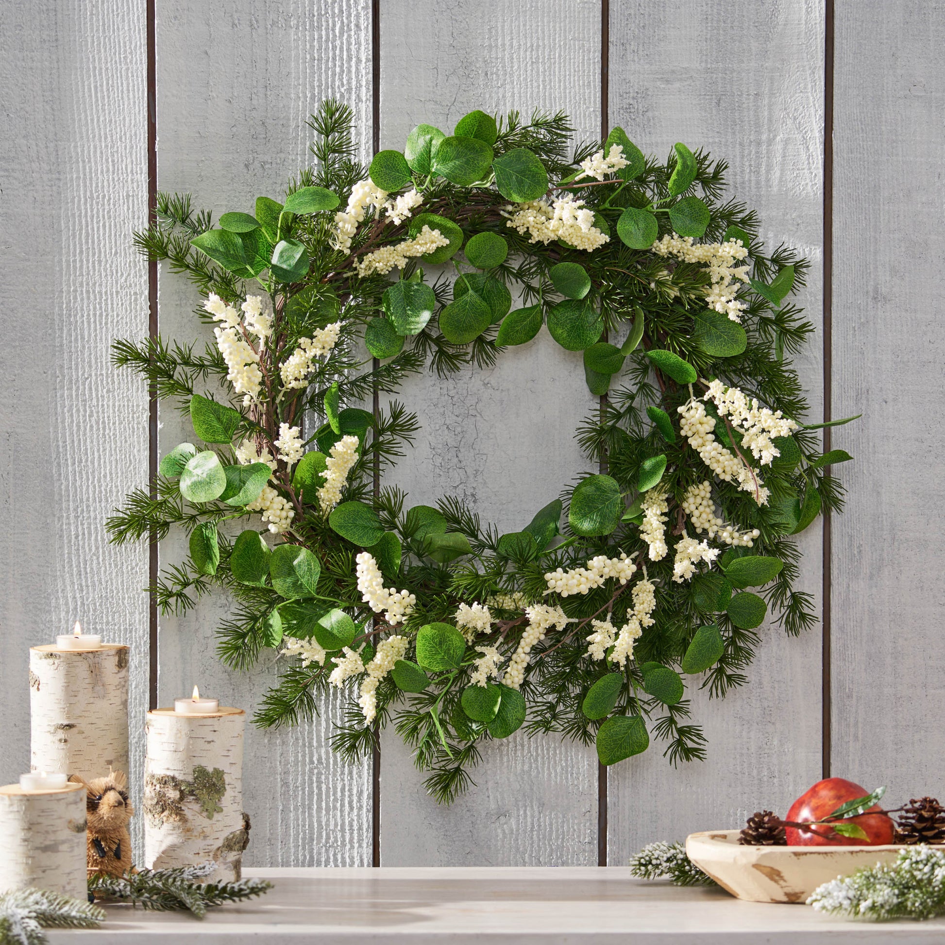 25.5" Leaves Berry Wreath White Green Polyester