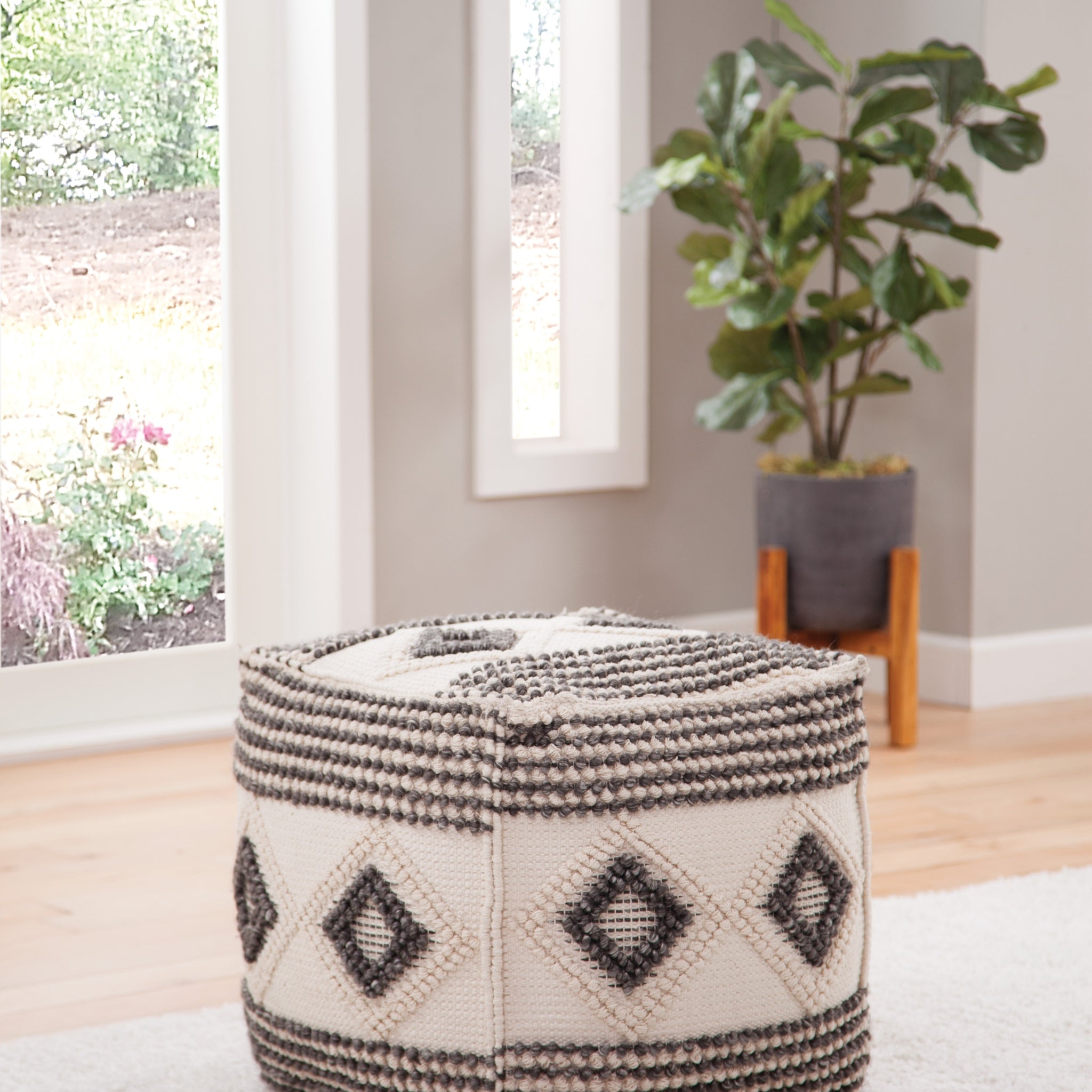 Dalia Square Handwoven Woolen Pouf Beige Beige Fabric