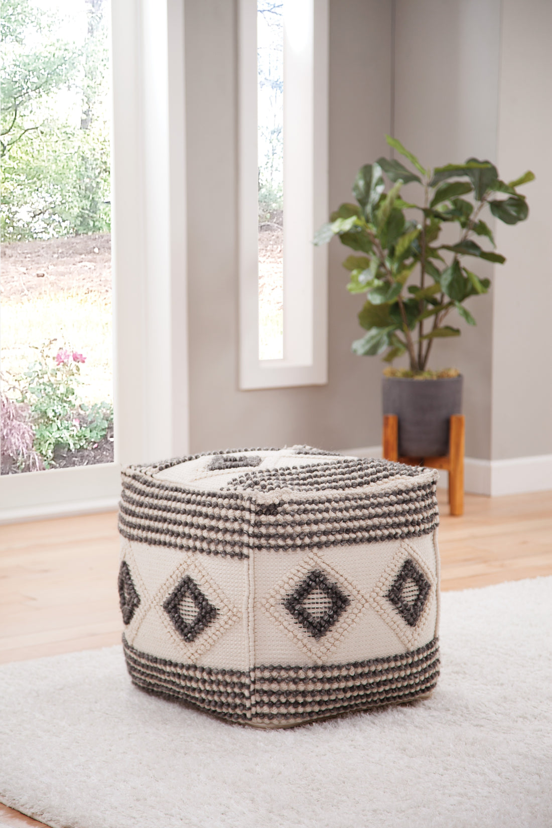 Dalia Square Handwoven Woolen Pouf Beige Beige Fabric