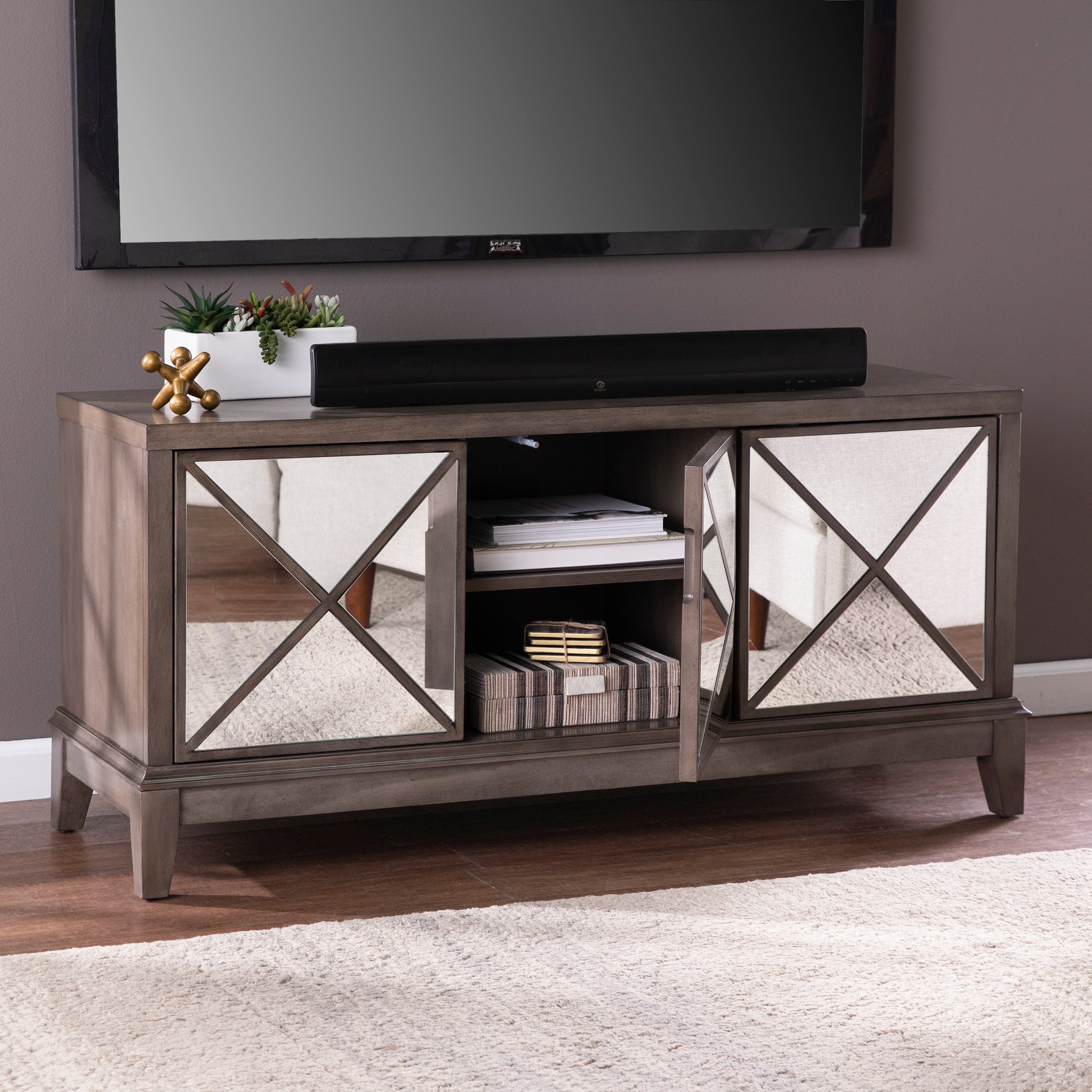 Wallaston Mirrored Media Cabinet Light Brown 50 59 Inches Mdf