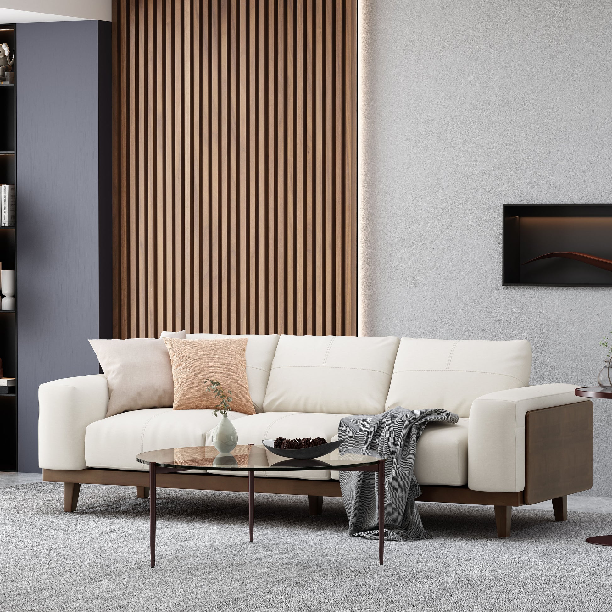 3 Seater Sofa Beige Wood 3 Seat