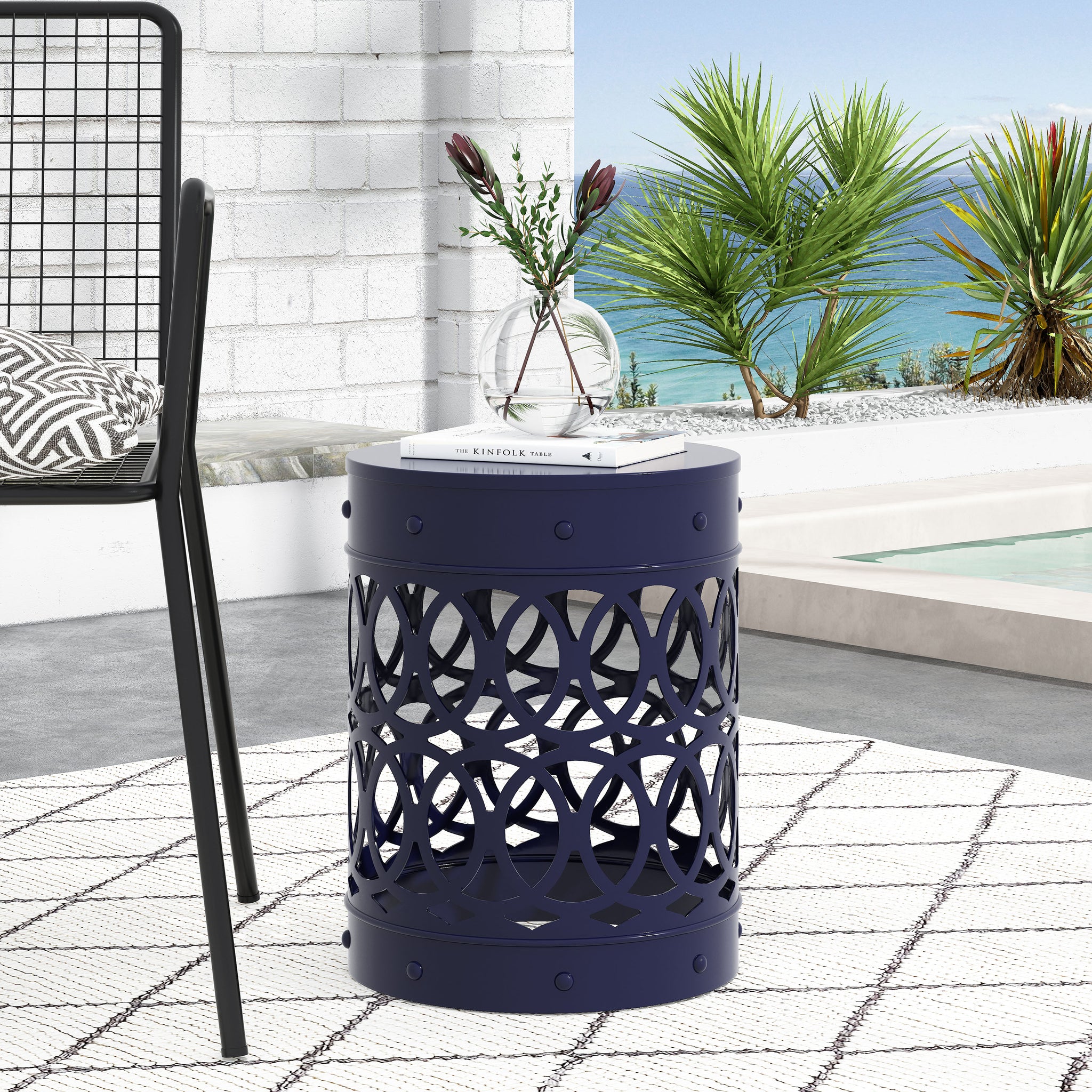 Outdoor Metal End Table Large Navy Blue Iron