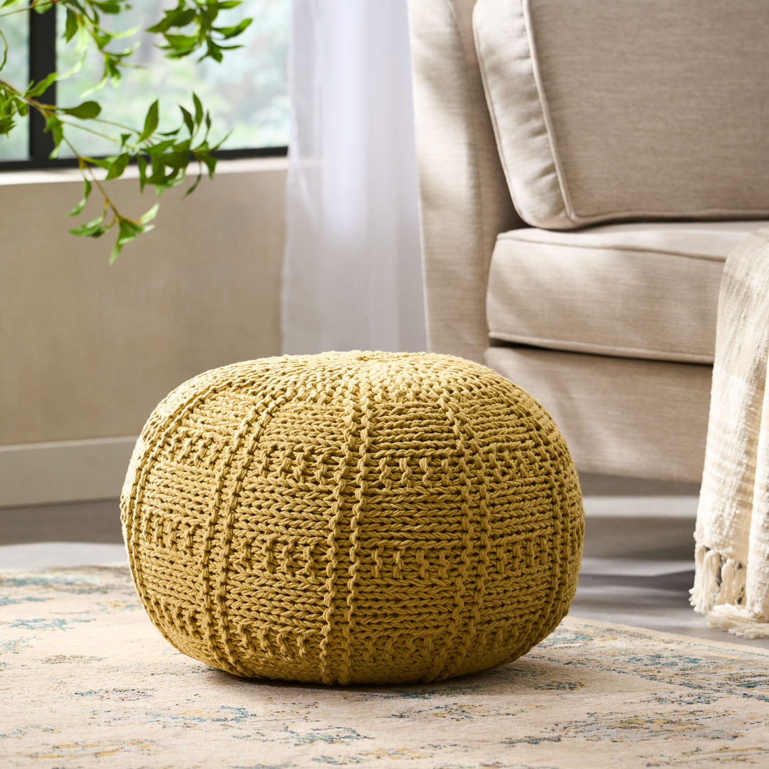 Yuny Knitted Cotton 20 X 20 Round Pouf Yellow Cotton