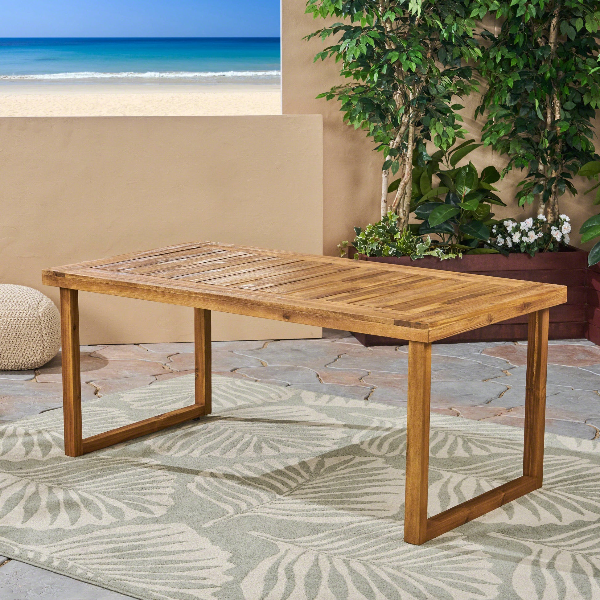 Outdoor 69" Acacia Wood Dining Table, Sandblast Natural Finish Natural Acacia Wood