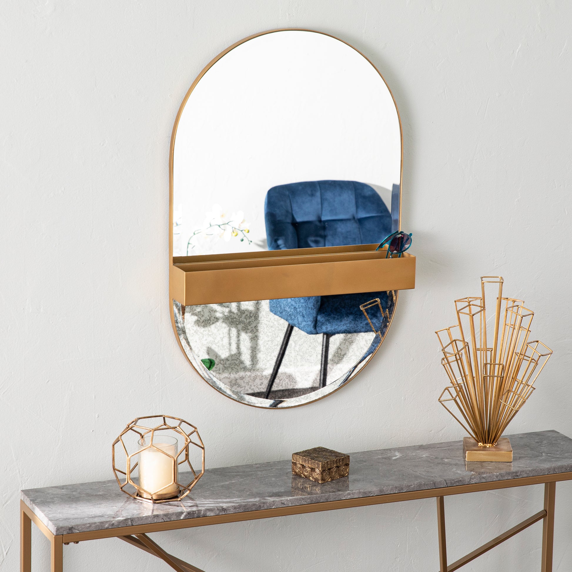 Melston Decorative Mirror W Storage Gold Iron