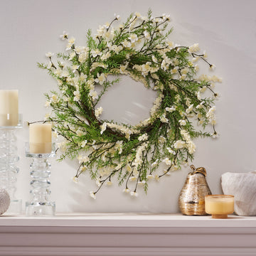 30" Plum Blossom Wreath White Green Rattan