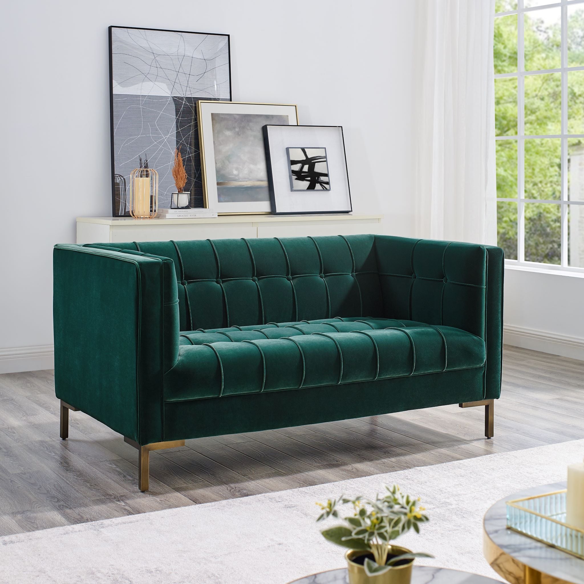 Isaac Stitch Velvet Loveseat Green Green Fabric