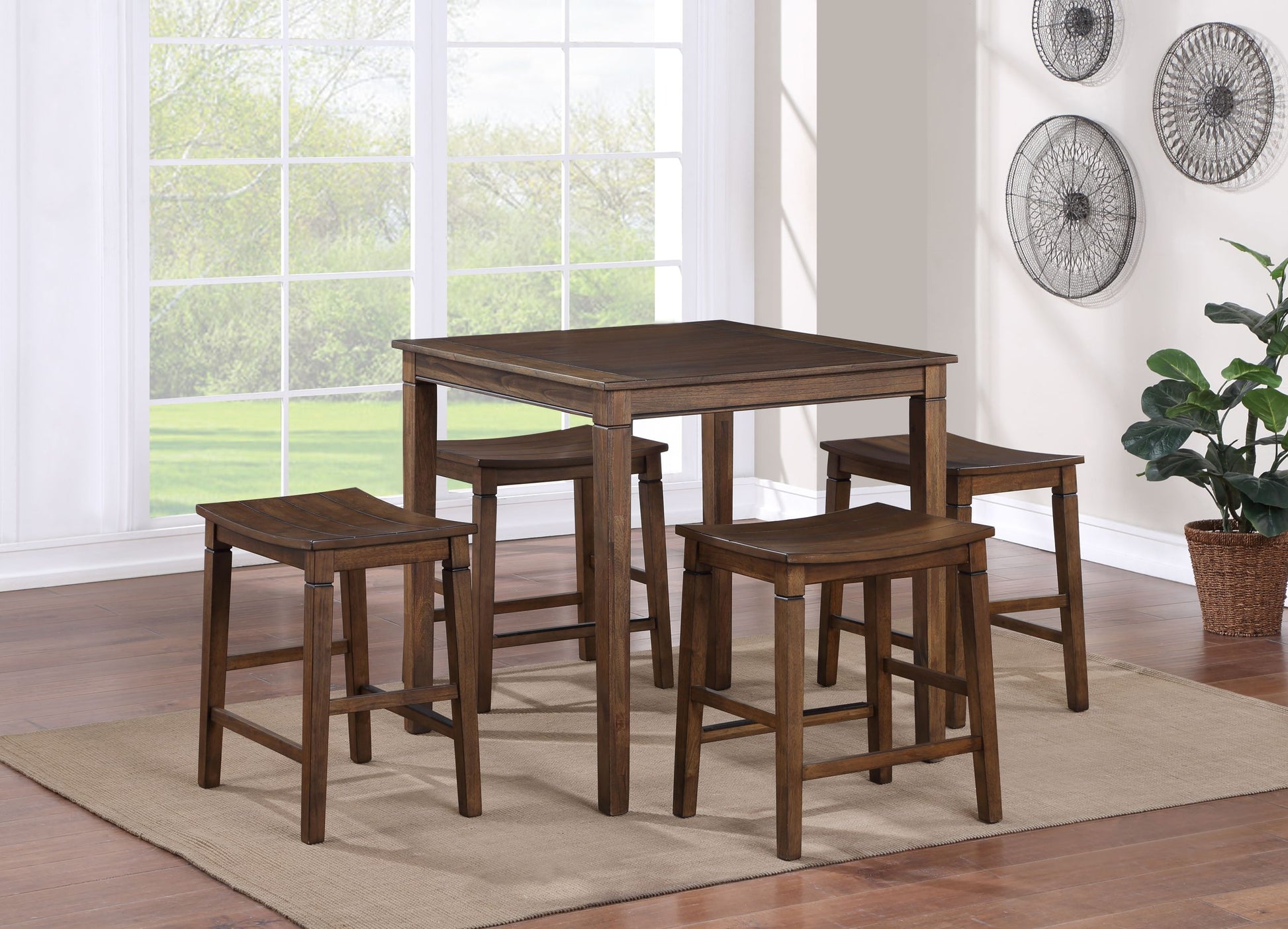 Compact Farmhouse 5 Pack Counter Dining Set Plank Effect Table Top Shaped Counter Stool Seat Perfect For Apartments Or Smaller Homes Chestnut Wood