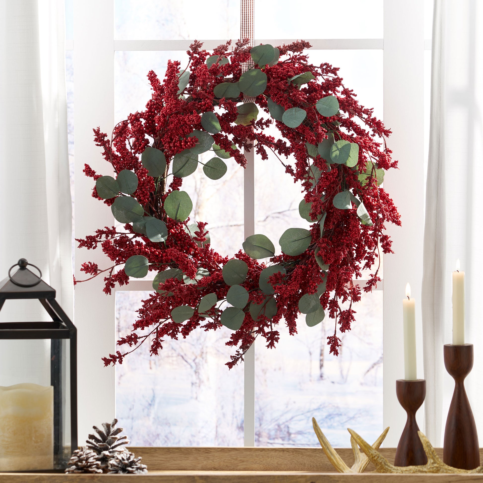 29" Eucalyptus Berry Wreath Red Polyester