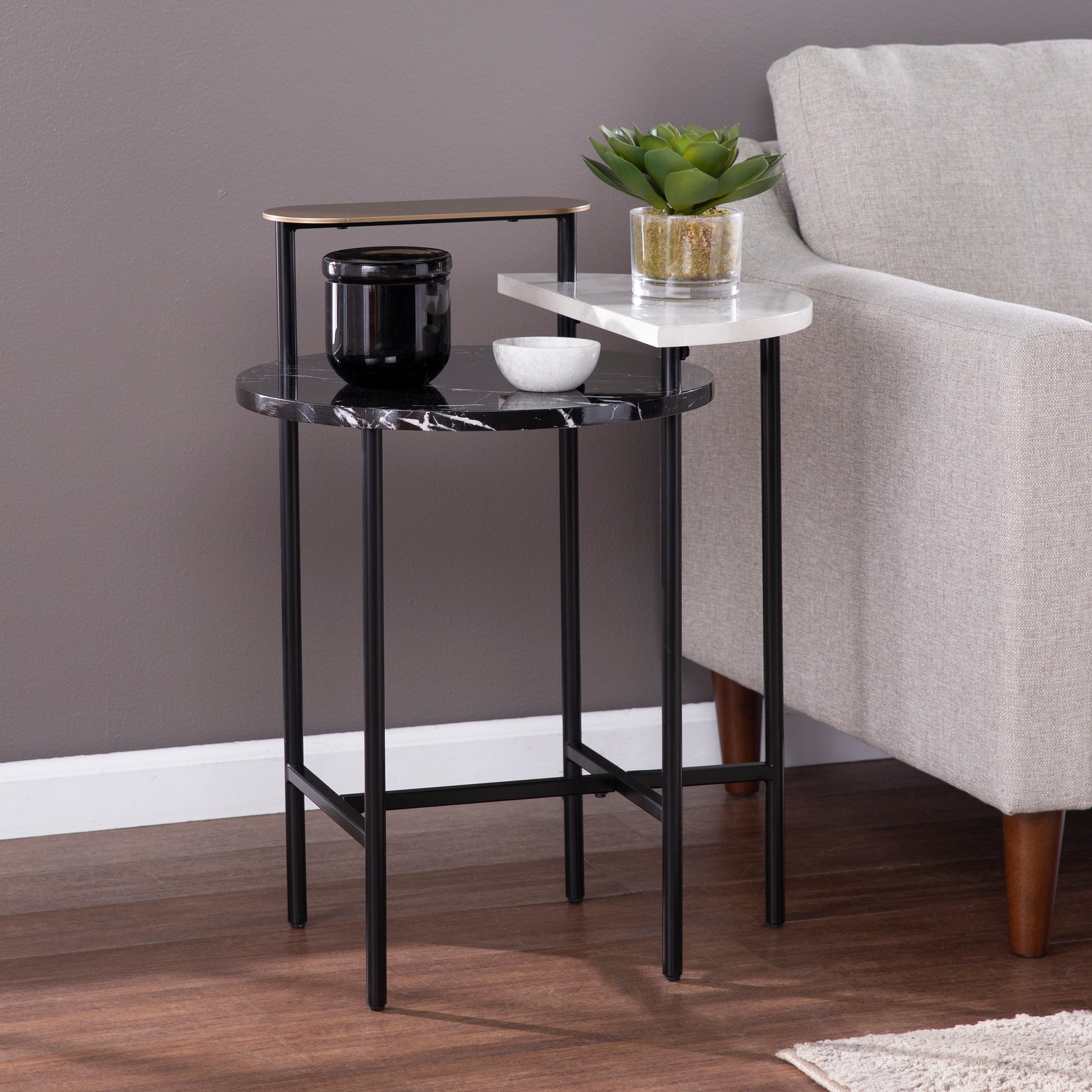 Arcklid Faux Marble End Table W Storage Black Iron