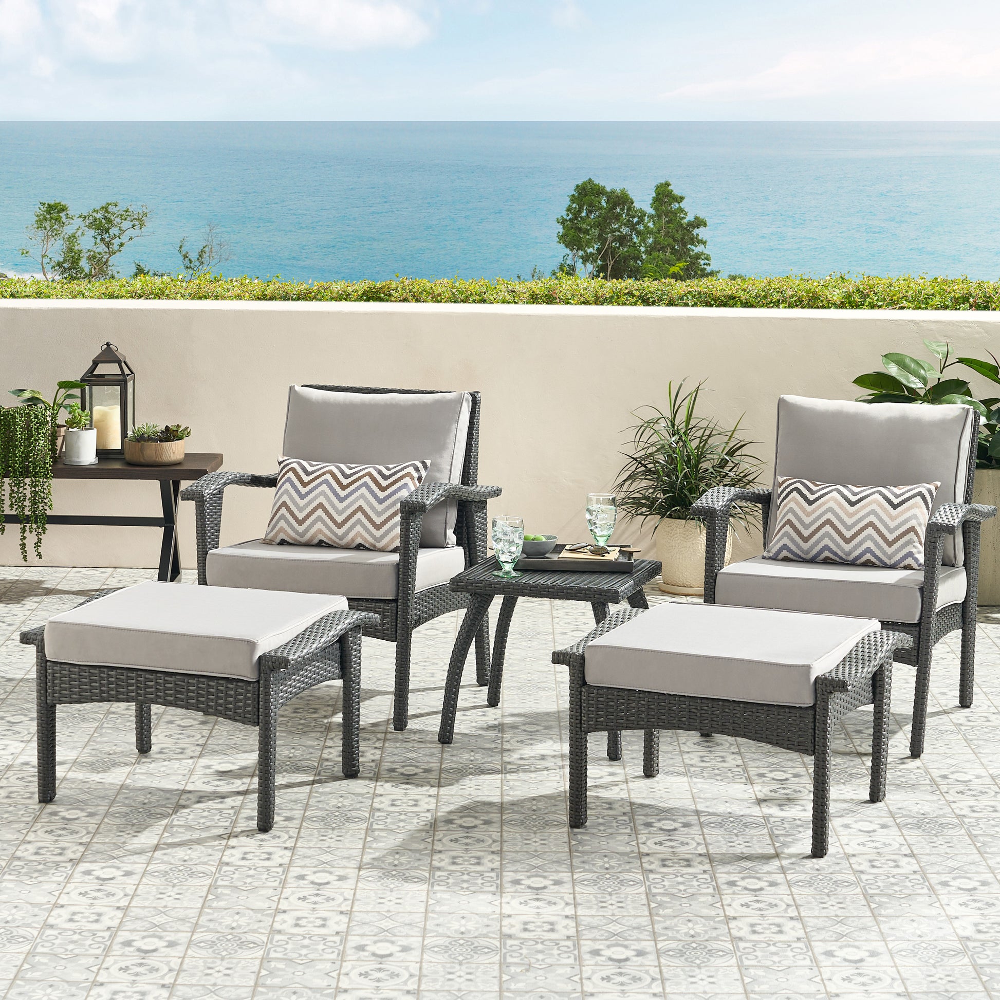 Honolulu Chat Set S 5 Grey Silver Pe Rattan Iron Waterproof Fabric