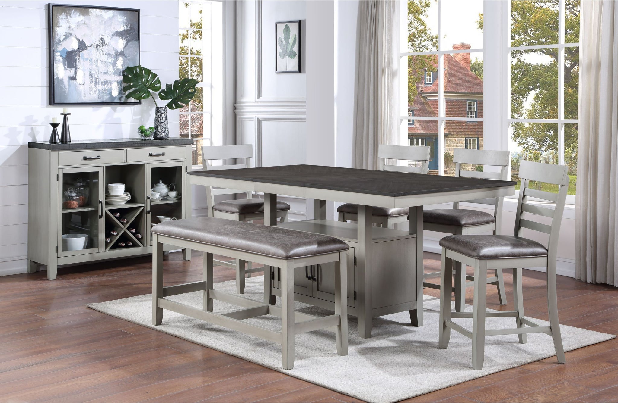 Hyland 7 Piece Dining Set With Server Pearl Silver Silver White Wood