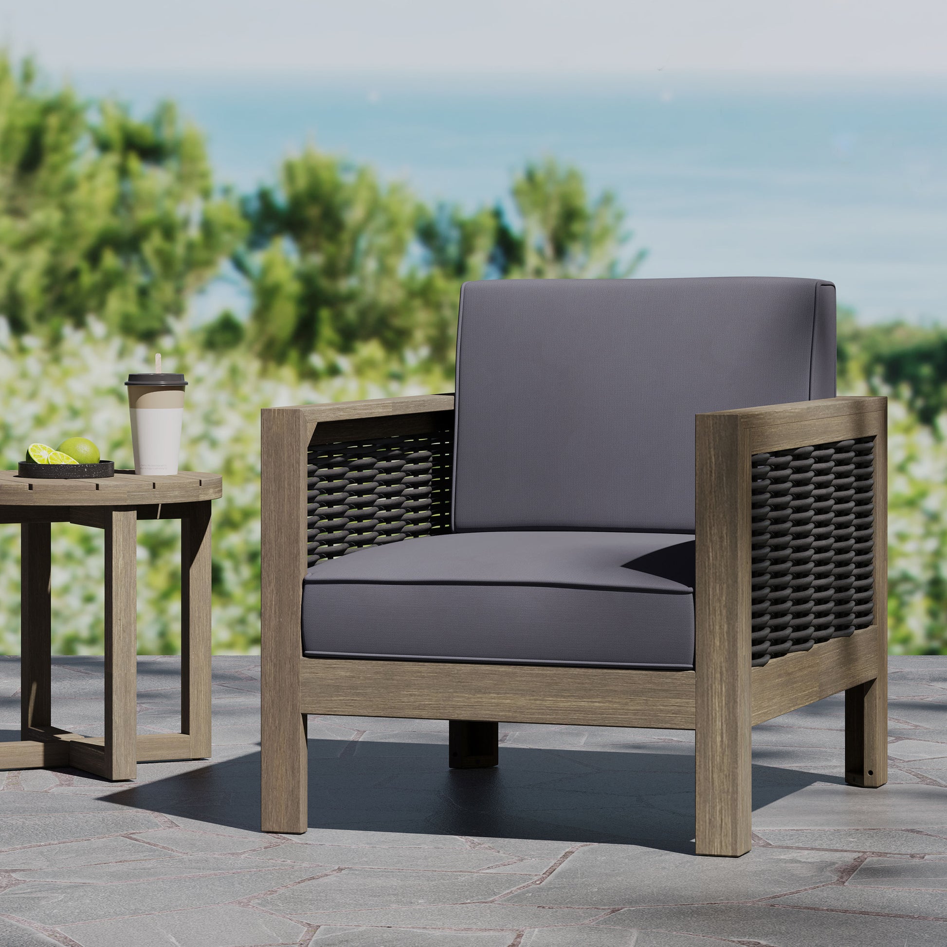 Outdoor Acacia Wood Club Chair With Wicker Accents, Gray Mixed Gray Brown, 30.25"D X 27.5"W X 23.75"H Gray Acacia Wood