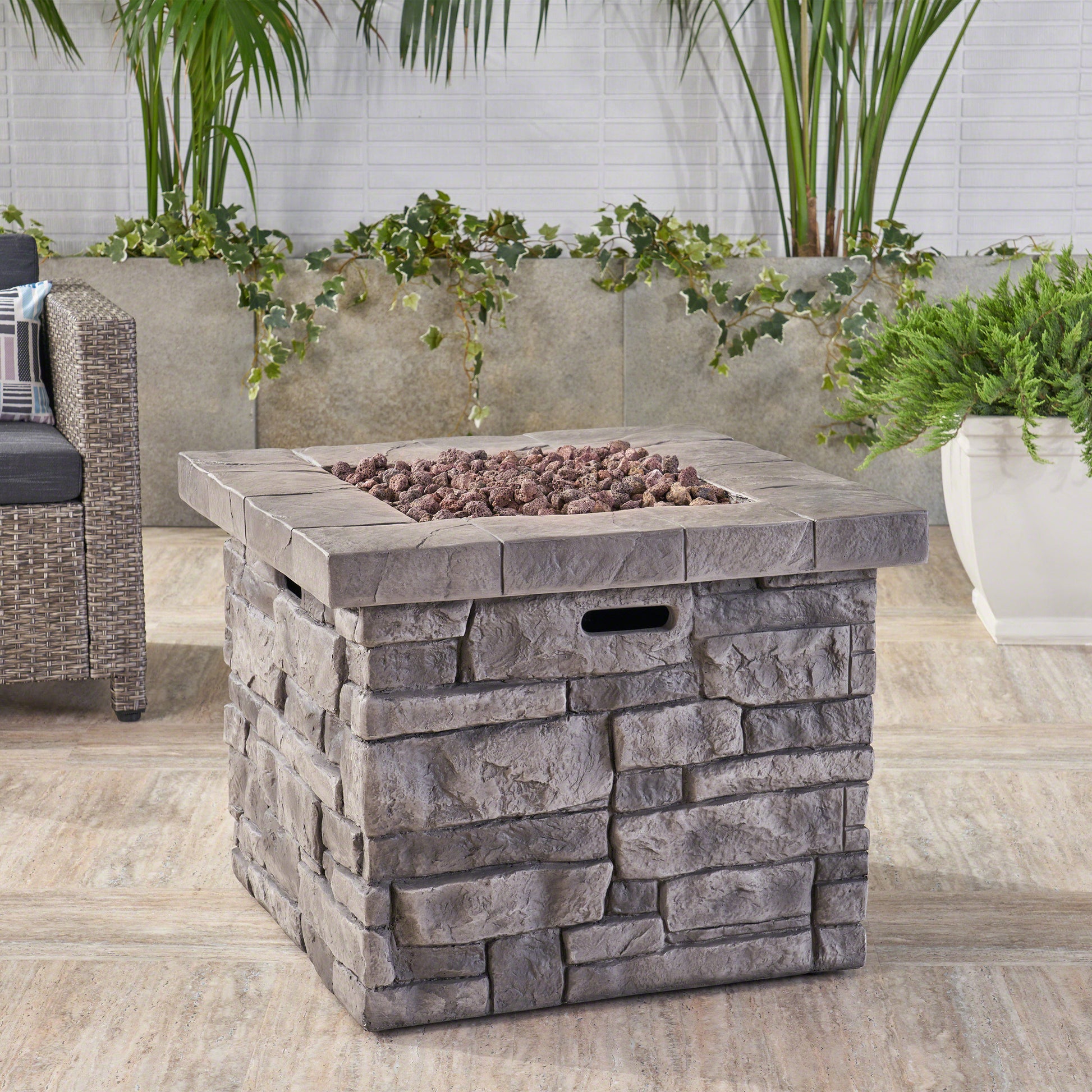 30" Outdoor Square Mgo Propane Fire Pit 40,000 Btu, Grey Grey Garden & Outdoor Magnesium Oxide