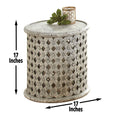 Samir Round Tribal Carved Wood End Table White White Wood