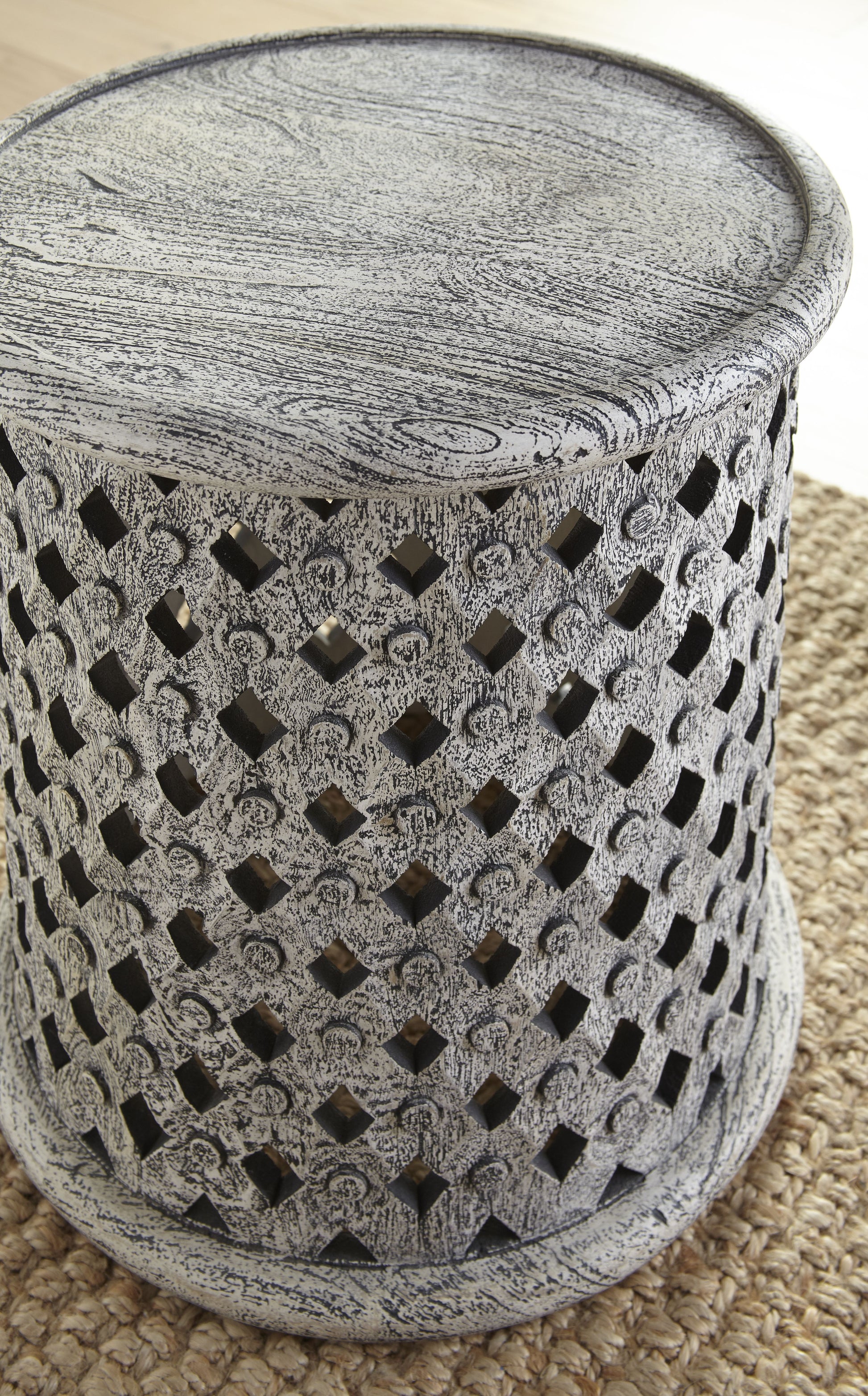 Samir Round Tribal Carved Wood End Table White White Wood