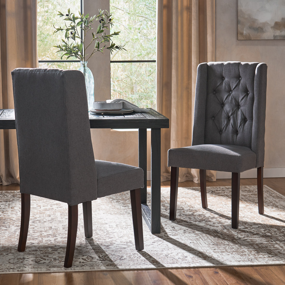 Dining Chair Dark Grey Wood Fabric